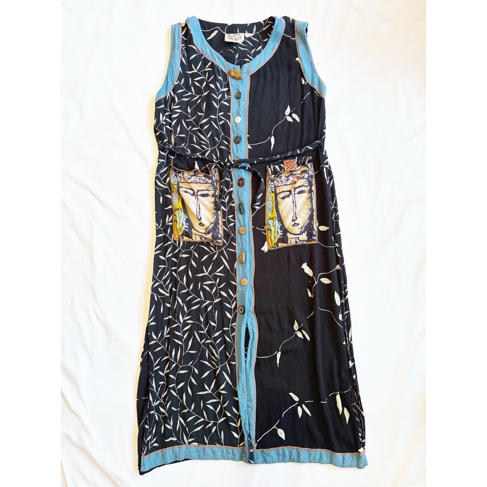 24 Karat Brand Indigo Blue Black Maxi Dress Sleeveless Med With Leaf Embroidery